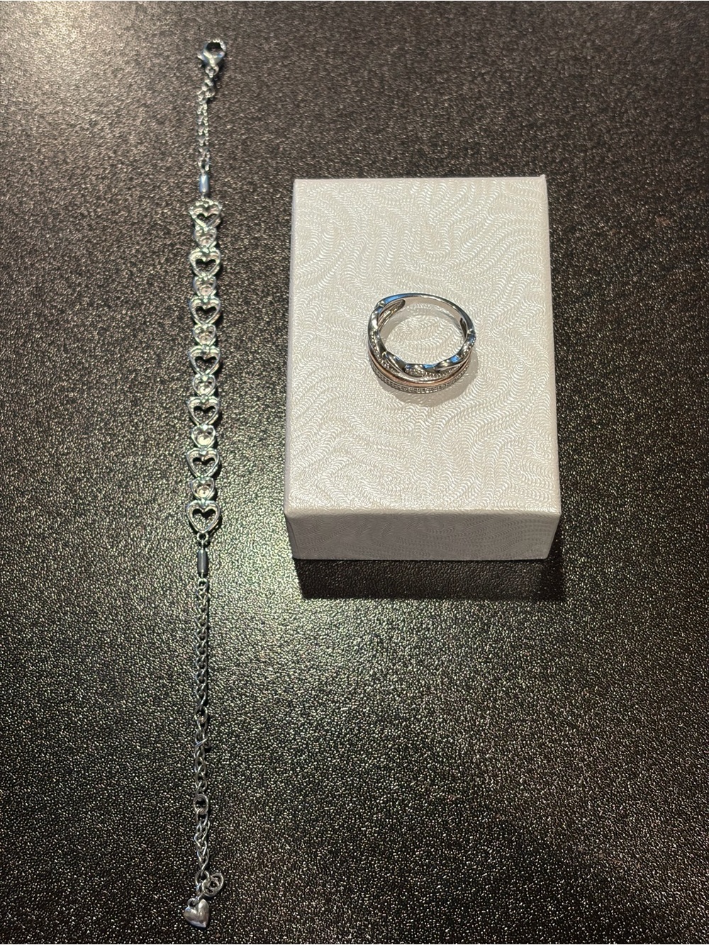 Sterling Silver Heart Link Bracelet and Twisted Band Ring Set - Silver